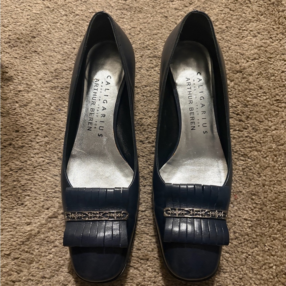 Caligarius Arthur Beren Navy Leather Fringe Slip-On Loafers